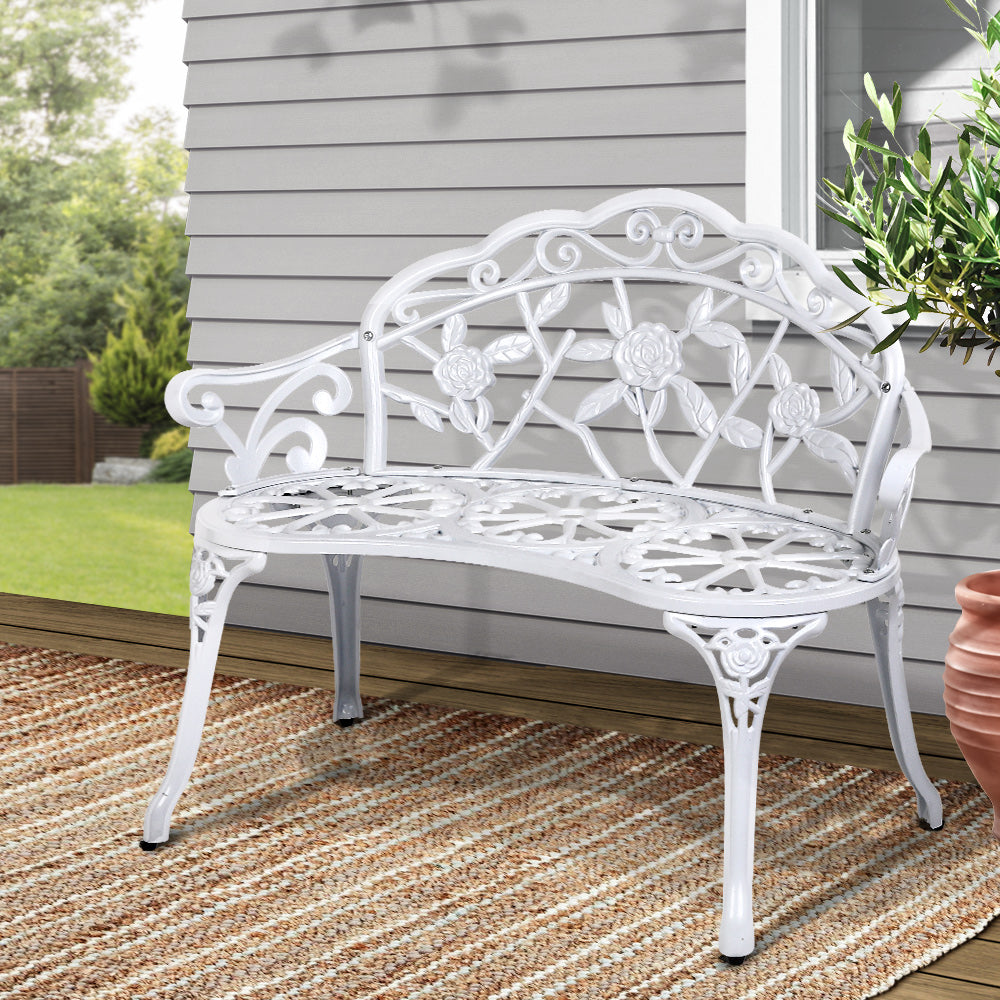 Gardeon Outdoor Garden Bench Seat 100cm Cast Aluminium Outdoor Patio Chair Vintage White Chez Guru