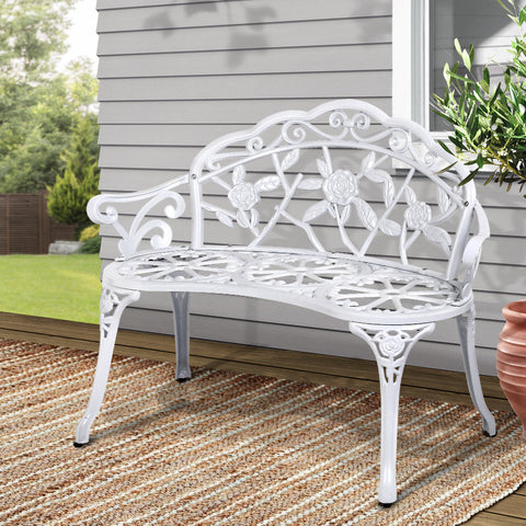 Gardeon Outdoor Garden Bench Seat 100cm Cast Aluminium Outdoor Patio Chair Vintage White Chez Guru