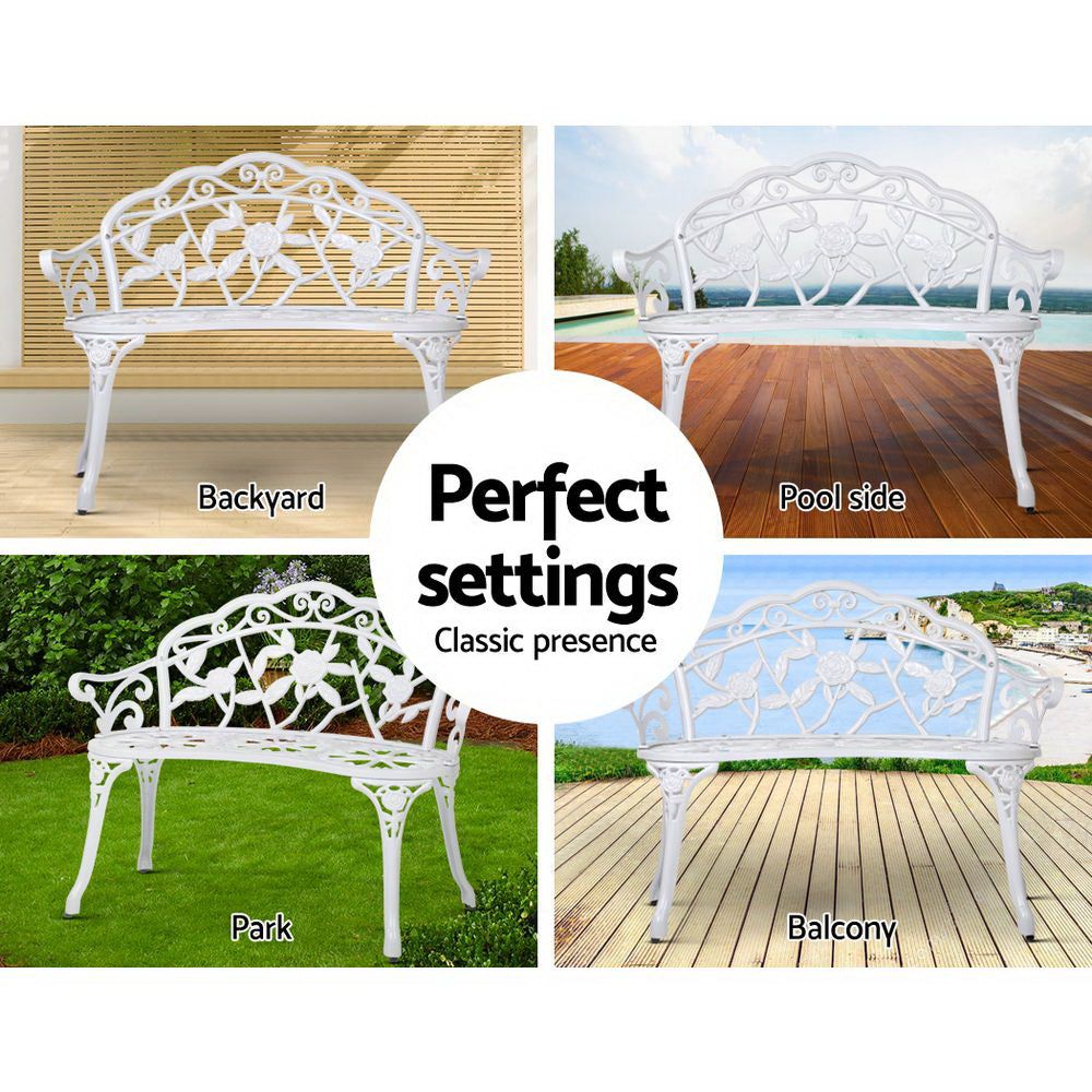 Gardeon Outdoor Garden Bench Seat 100cm Cast Aluminium Outdoor Patio Chair Vintage White Chez Guru