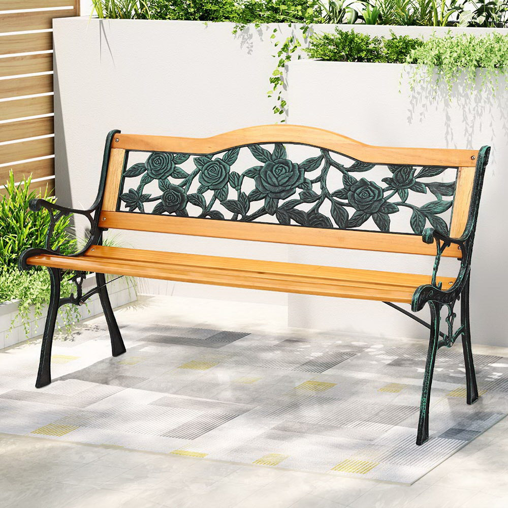 Gardeon Outdoor Garden Bench Seat 126cm Wooden Cast Iron 3 Seater Patio Furniture Chez Guru