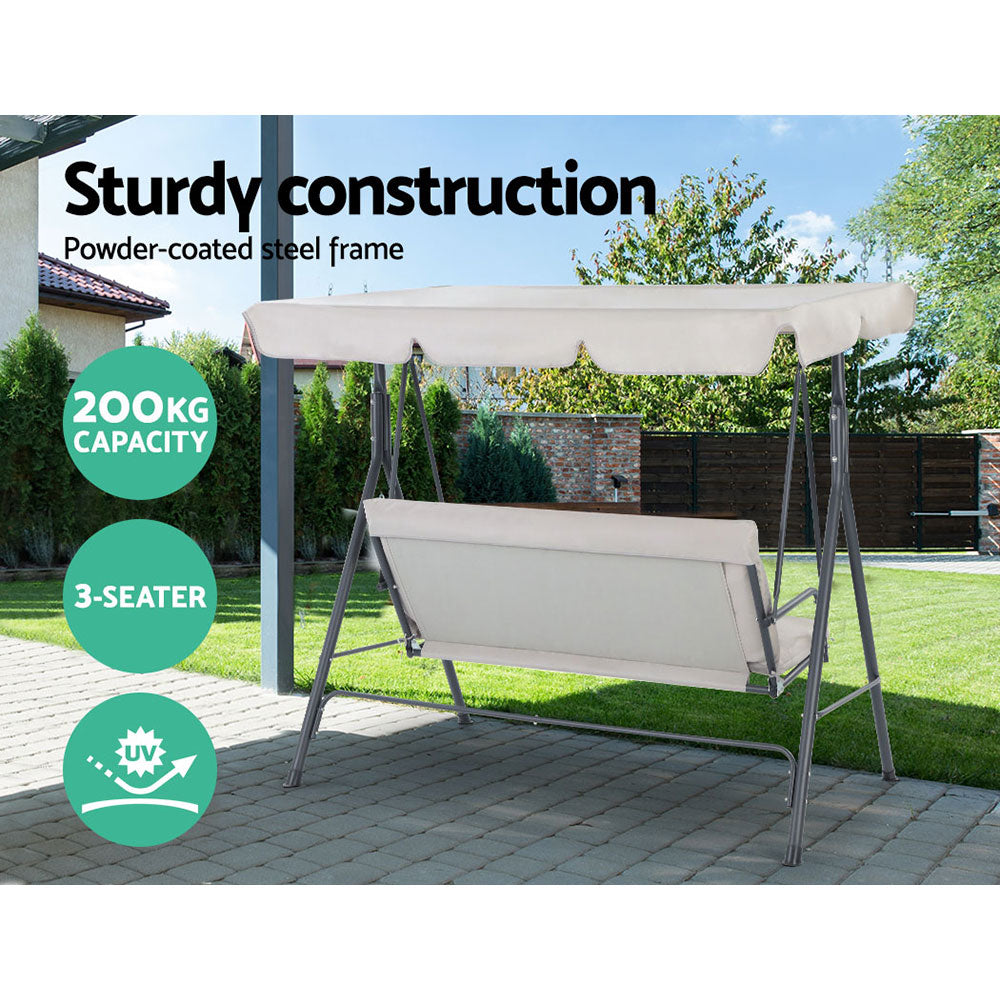Gardeon Outdoor Swing Chair Garden Bench Furniture Canopy 3 Seater Beige Chez Guru