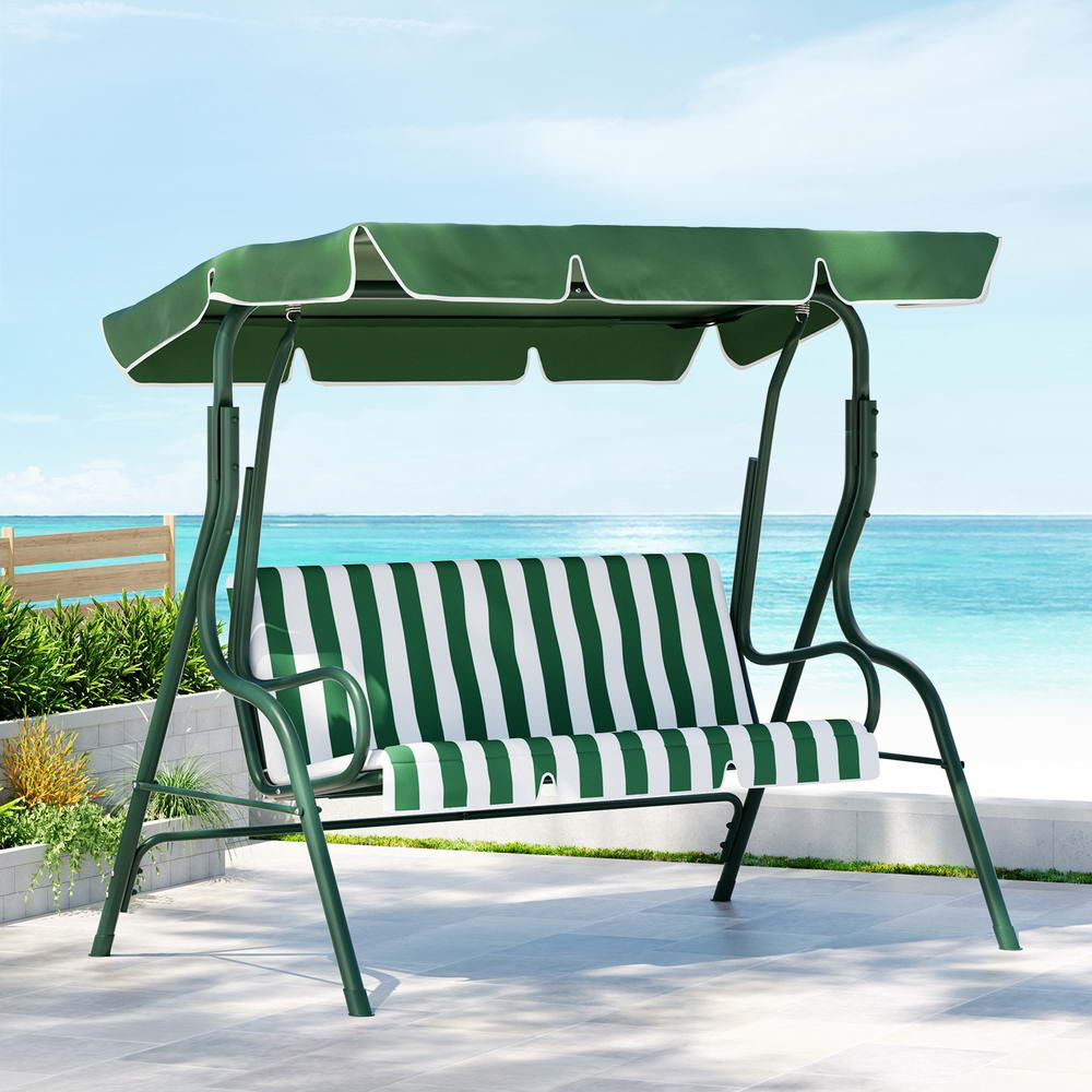 Gardeon Outdoor Swing Chair Garden Bench Furniture Canopy 3 Seater White Green Chez Guru