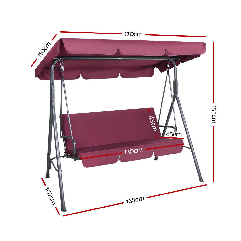 Gardeon Outdoor Swing Chair Garden Bench Furniture Canopy 3 Seater Wine Red Chez Guru
