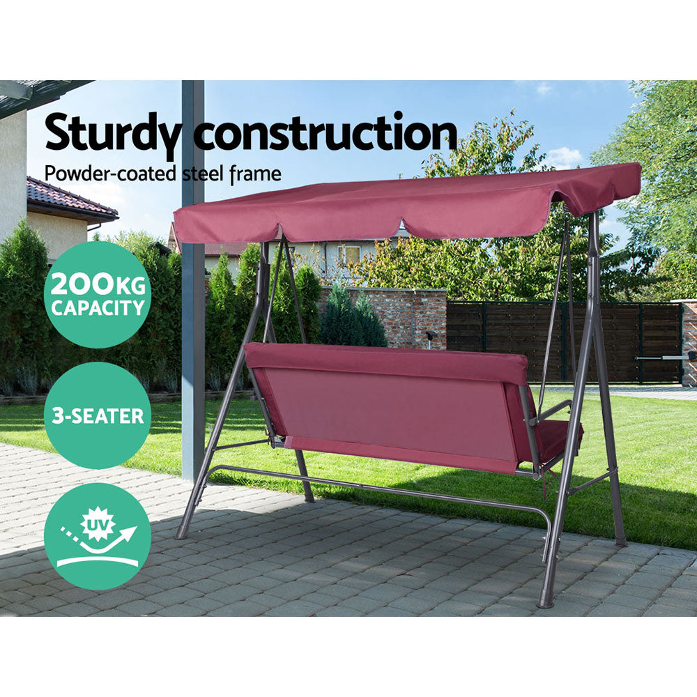 Gardeon Outdoor Swing Chair Garden Bench Furniture Canopy 3 Seater Wine Red Chez Guru
