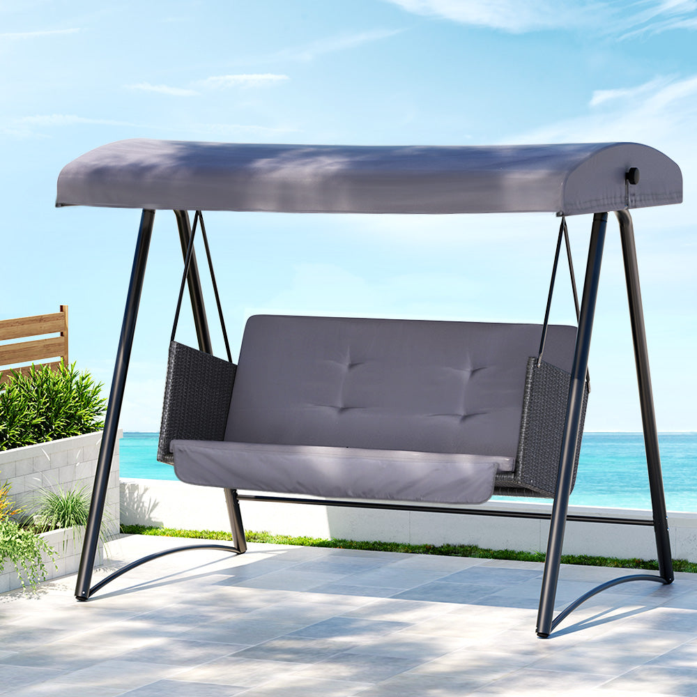 Gardeon Outdoor Swing Chair Garden Bench Furniture Canopy 3 Seater Rattan Grey Chez Guru