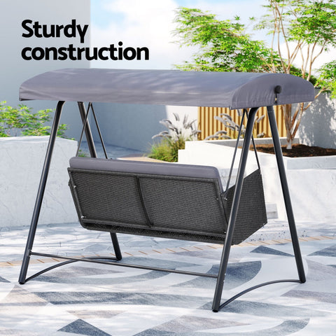 Gardeon Outdoor Swing Chair Garden Bench Furniture Canopy 3 Seater Rattan Grey Chez Guru