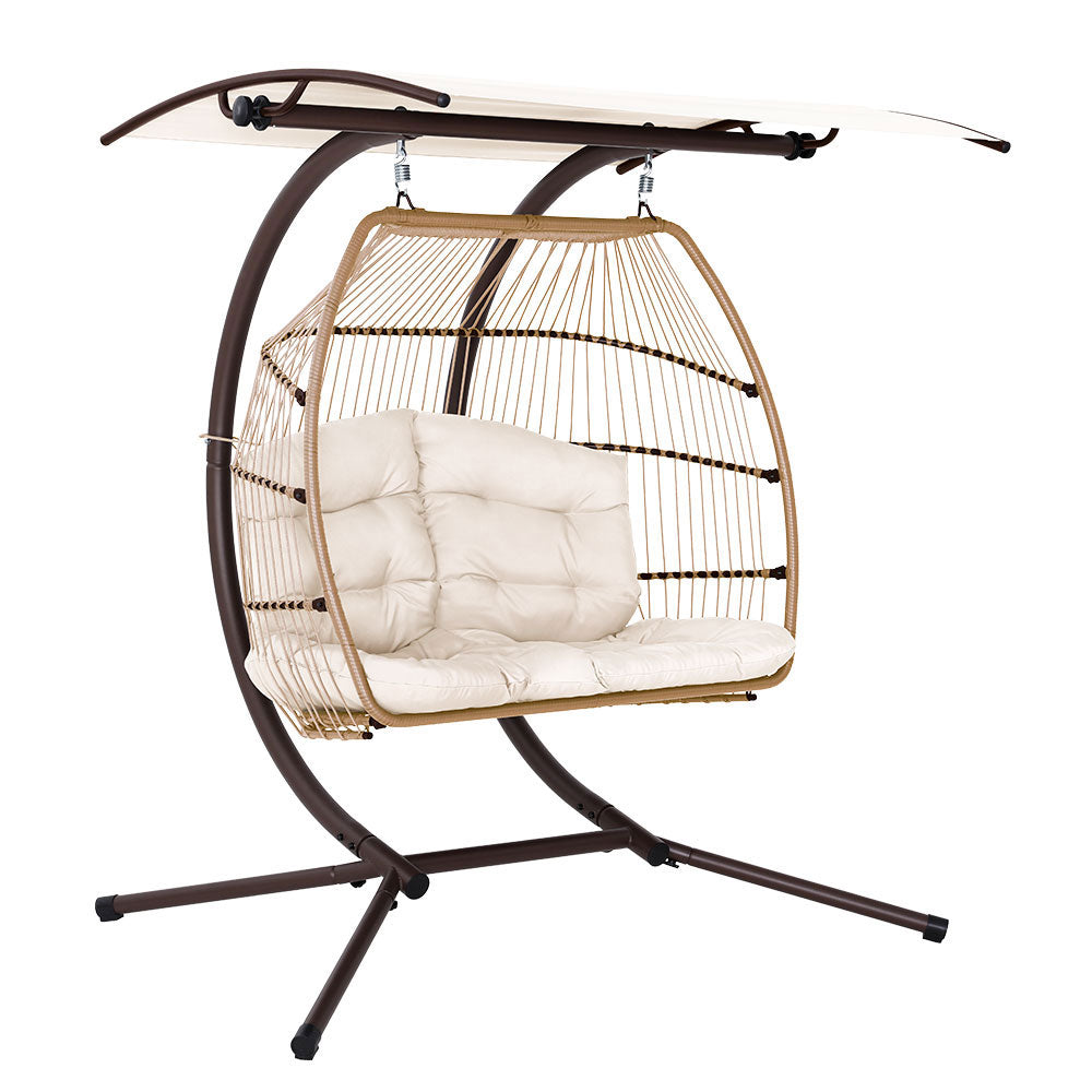 Gardeon Outdoor Egg Swing Chair Wicker Furniture Pod Stand Canopy 2 Seater Latte Chez Guru