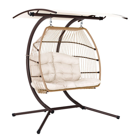 Gardeon Outdoor Egg Swing Chair Wicker Furniture Pod Stand Canopy 2 Seater Latte Chez Guru