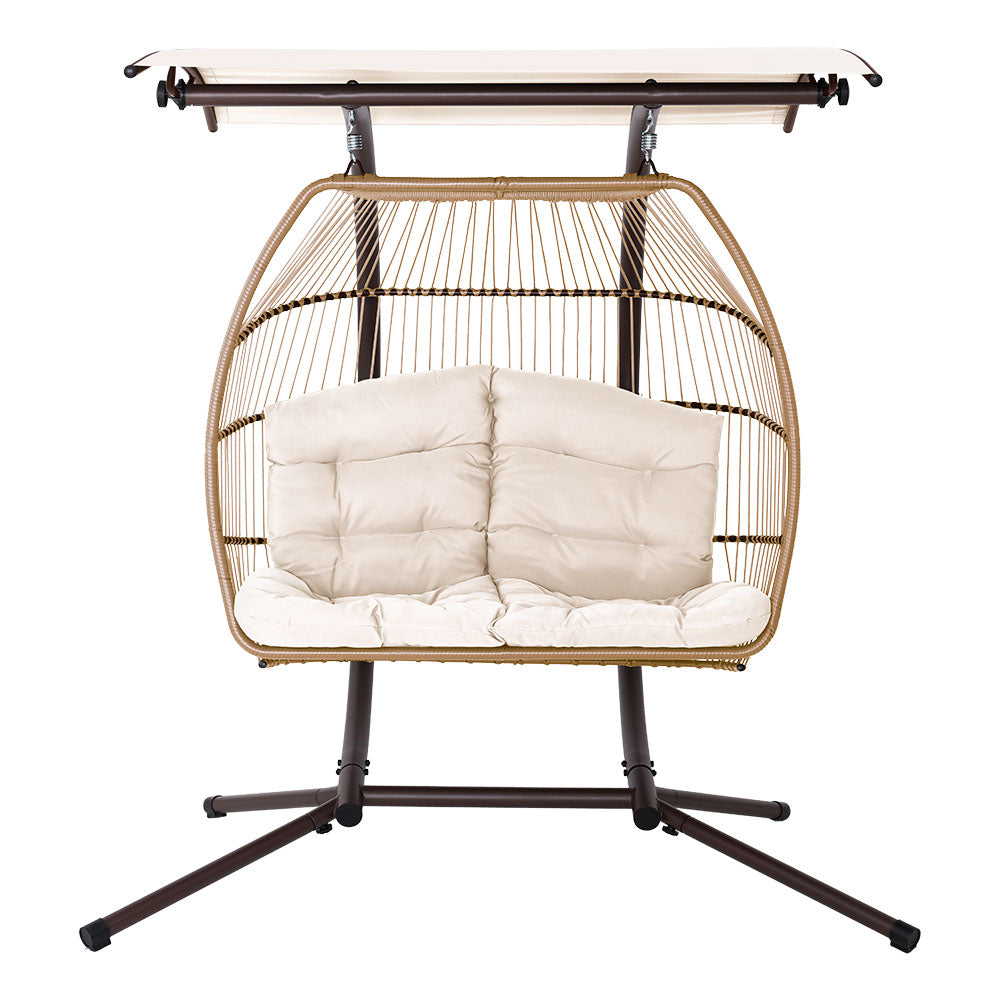Gardeon Outdoor Egg Swing Chair Wicker Furniture Pod Stand Canopy 2 Seater Latte Chez Guru