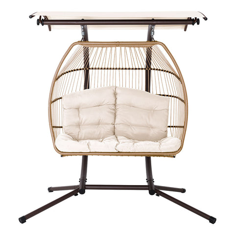 Gardeon Outdoor Egg Swing Chair Wicker Furniture Pod Stand Canopy 2 Seater Latte Chez Guru
