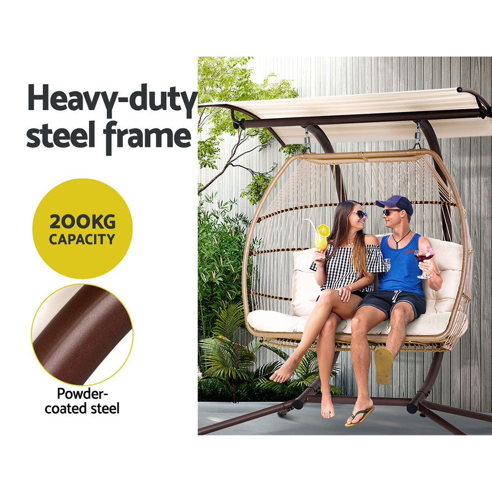 Gardeon Outdoor Egg Swing Chair Wicker Furniture Pod Stand Canopy 2 Seater Latte Chez Guru