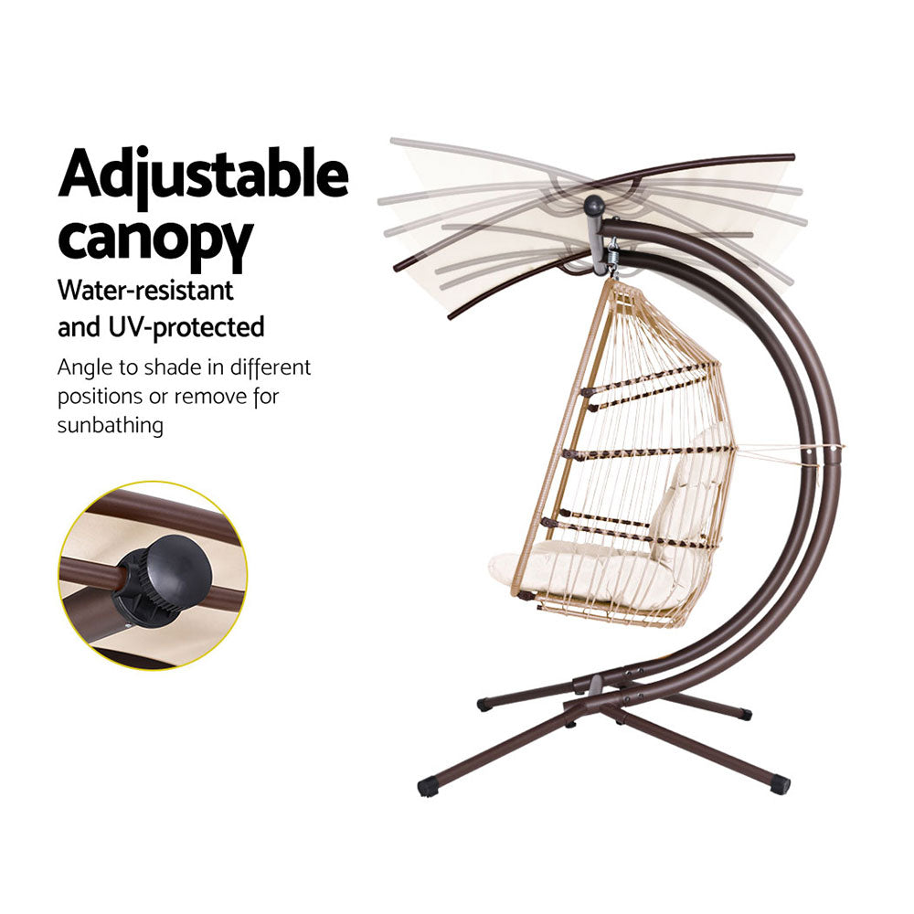 Gardeon Outdoor Egg Swing Chair Wicker Furniture Pod Stand Canopy 2 Seater Latte Chez Guru