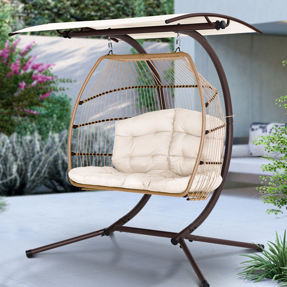 Gardeon Outdoor Egg Swing Chair Wicker Furniture Pod Stand Canopy 2 Seater Latte Chez Guru