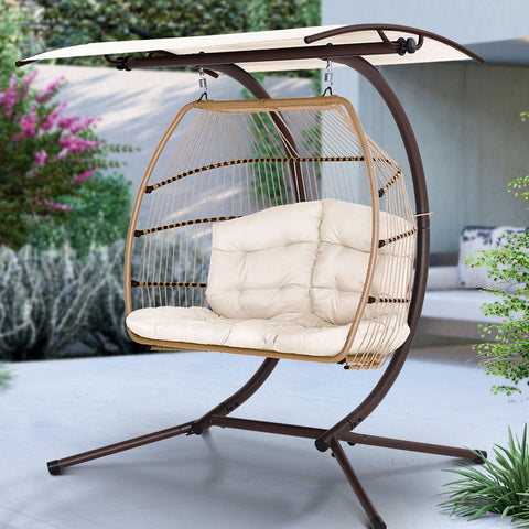 Gardeon Outdoor Egg Swing Chair Wicker Furniture Pod Stand Canopy 2 Seater Latte Chez Guru