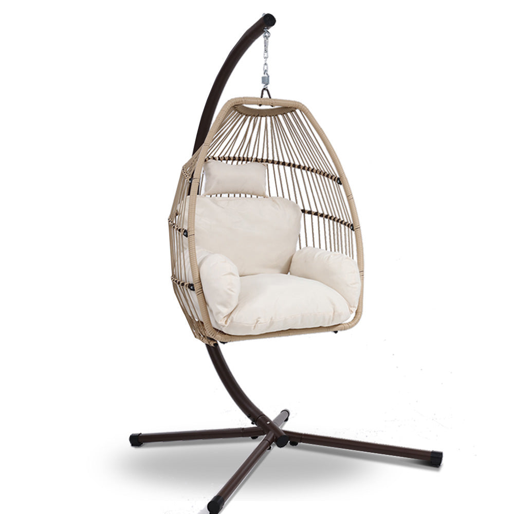 Gardeon Outdoor Egg Swing Chair Wicker Rope Furniture Pod Stand Cushion Latte Chez Guru
