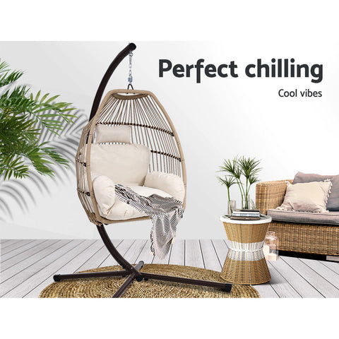Gardeon Outdoor Egg Swing Chair Wicker Rope Furniture Pod Stand Cushion Latte Chez Guru