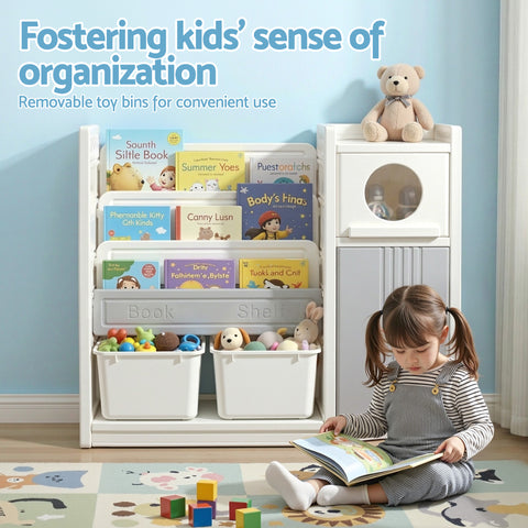 Keezi Kids Bookshelf and Toy Storage Organizer with 3-Tier Bookshelvs, 2 Removable Bins and 2 Storage Cabinets, Toddler Bookshelf with Toy Organizer for Kids' Rooms, Playrooms
