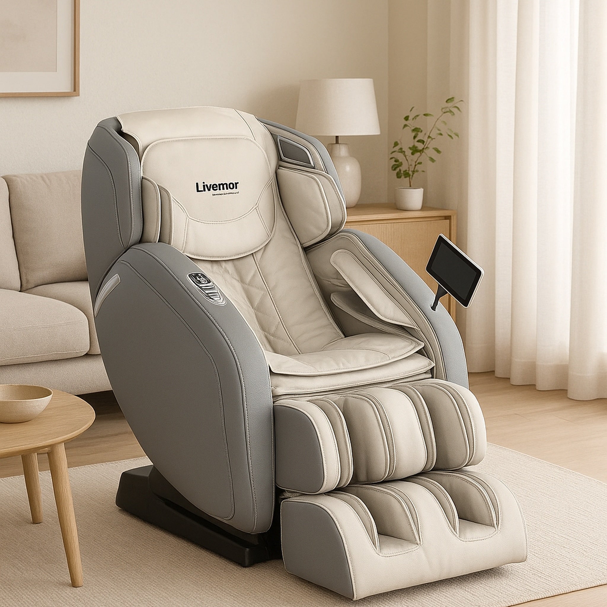 Gray and beige massage chair in a living room setting with 'Livemor' branding.