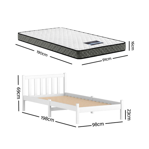 Giselle Single Mattress and Artiss Bed Frame Set White Solid Pine with 16cm Mattress
