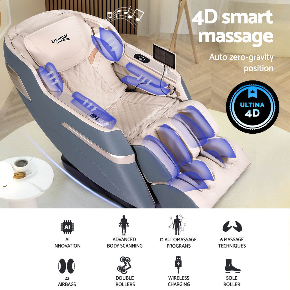 Livemor 4D Massage Chair Electric Recliner Home Massager Gray Sina Chez Guru