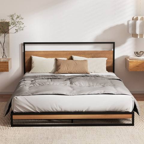 Artiss Dane Double Metal & Wood Platform Bed Frame with Mattress