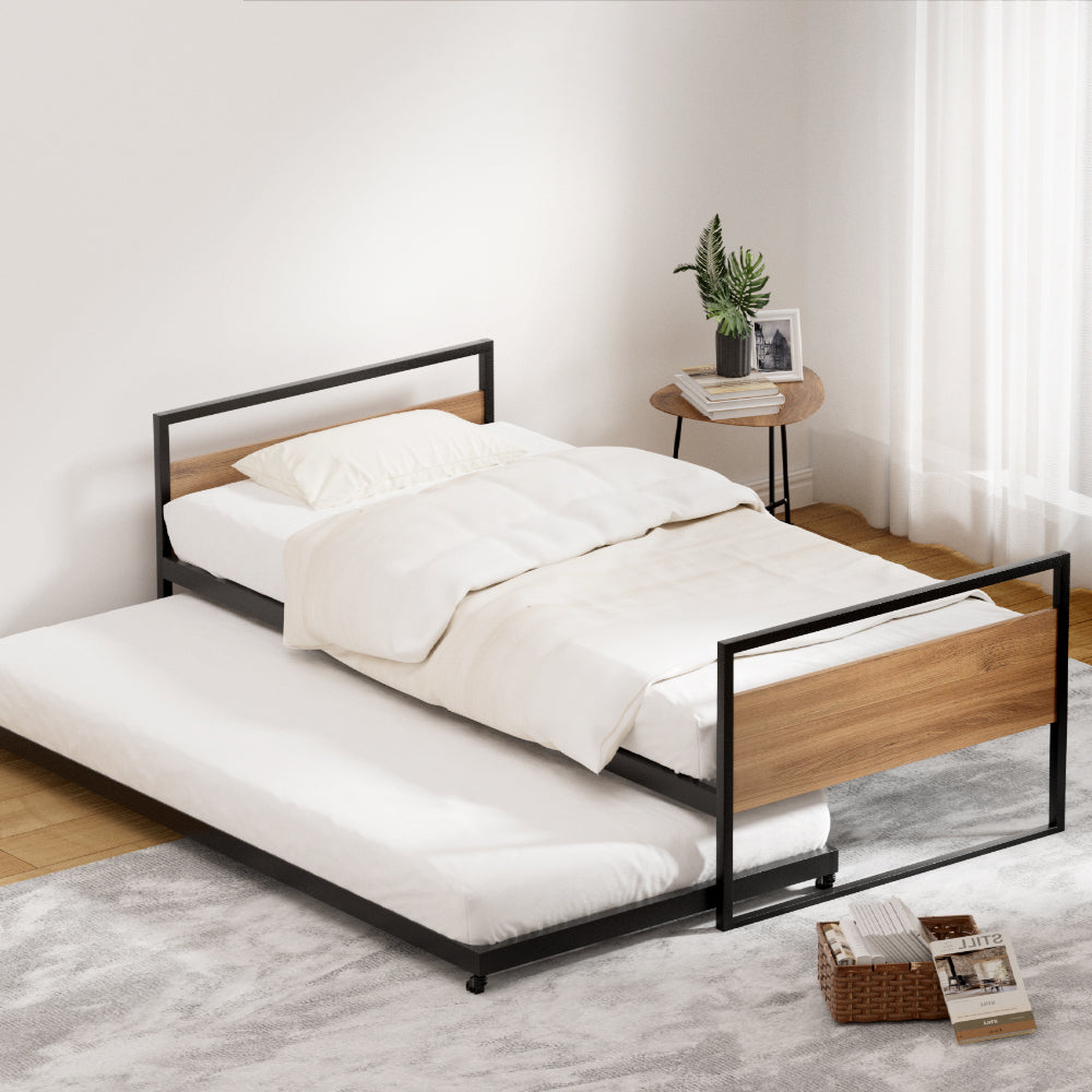 Artiss Bed Frame 2x Single Size Metal Trundle Daybed DEAN Chez Guru