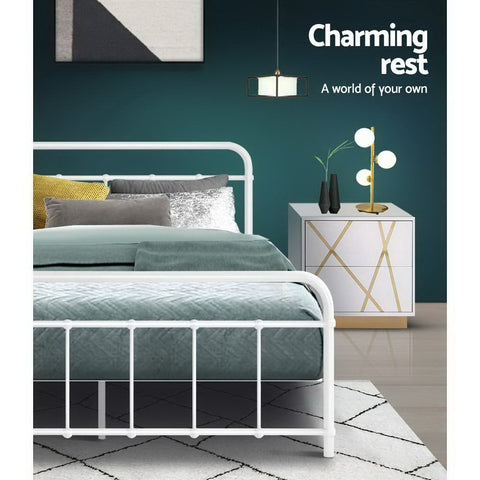 Artiss Bed Frame Metal Bed Frame LEO - Double (White) Chez Guru