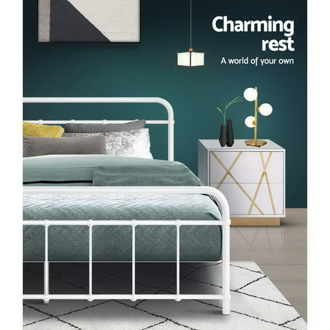 Artiss Bed Frame Metal Bed Frame LEO - Queen (White) Chez Guru