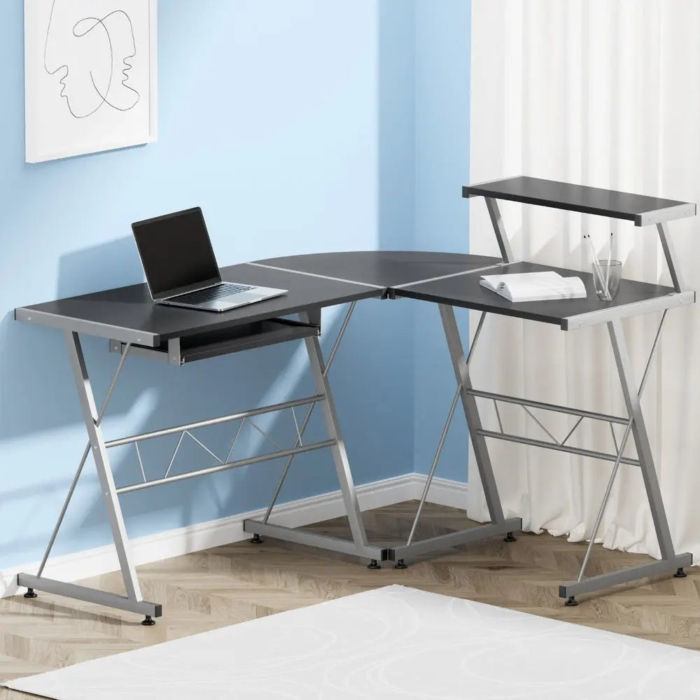 Artiss Computer Desk L-Shape Keyboard Tray Shelf Black Chez Guru