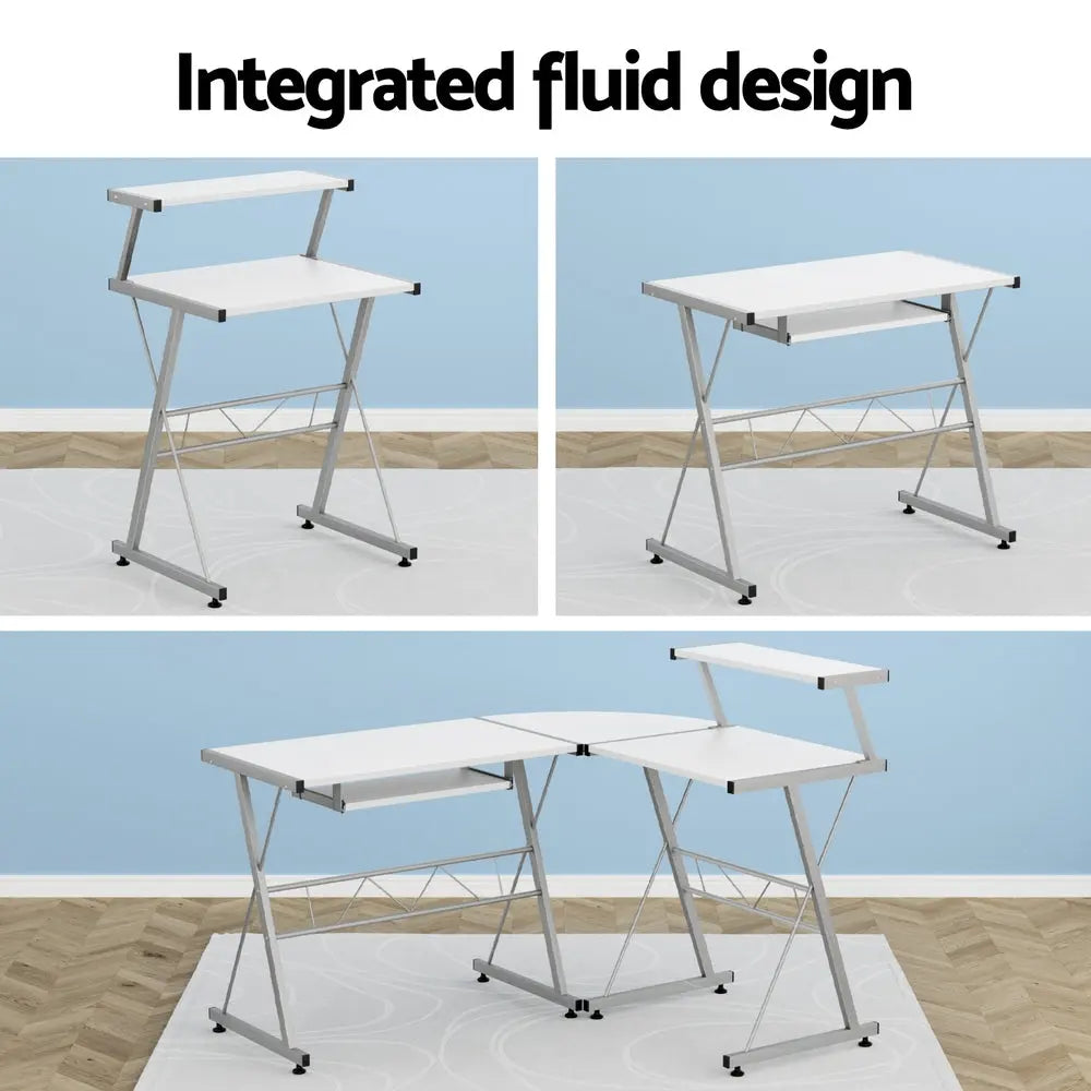 Artiss Computer Desk L-Shape Keyboard Tray Shelf White Chez Guru