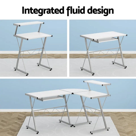 Artiss Computer Desk L-Shape Keyboard Tray Shelf White Chez Guru