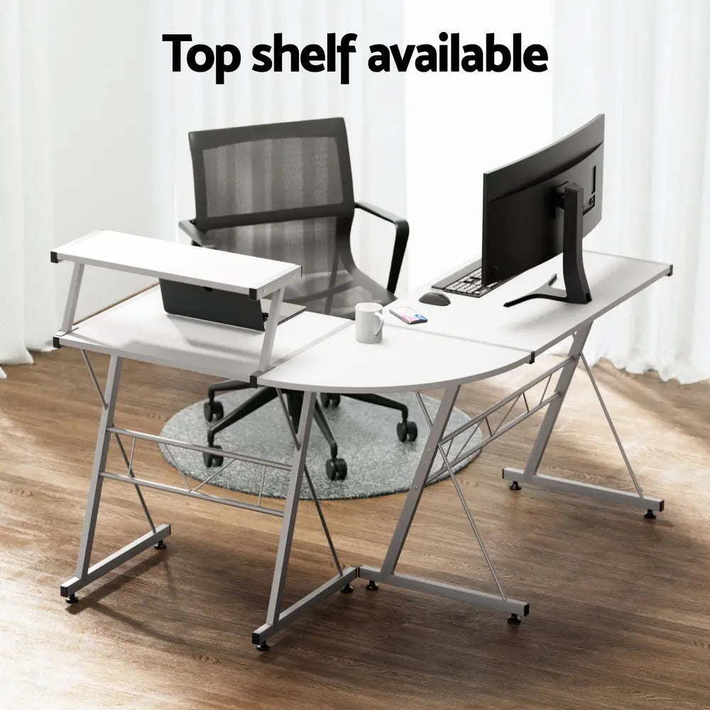 Artiss Computer Desk L-Shape Keyboard Tray Shelf White Chez Guru