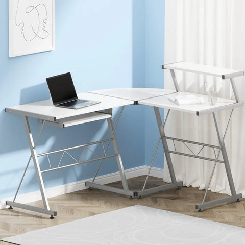 Artiss Computer Desk L-Shape Keyboard Tray Shelf White Chez Guru