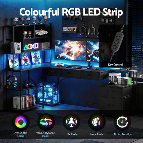 Artiss 200cm L Shaped Gaming Desk Computer Desk with LED Lights & Power Outlets