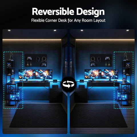 Artiss 200cm L Shaped Gaming Desk Computer Desk with LED Lights & Power Outlets