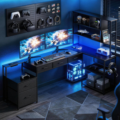 Artiss 200cm L Shaped Gaming Desk Computer Desk with LED Lights & Power Outlets