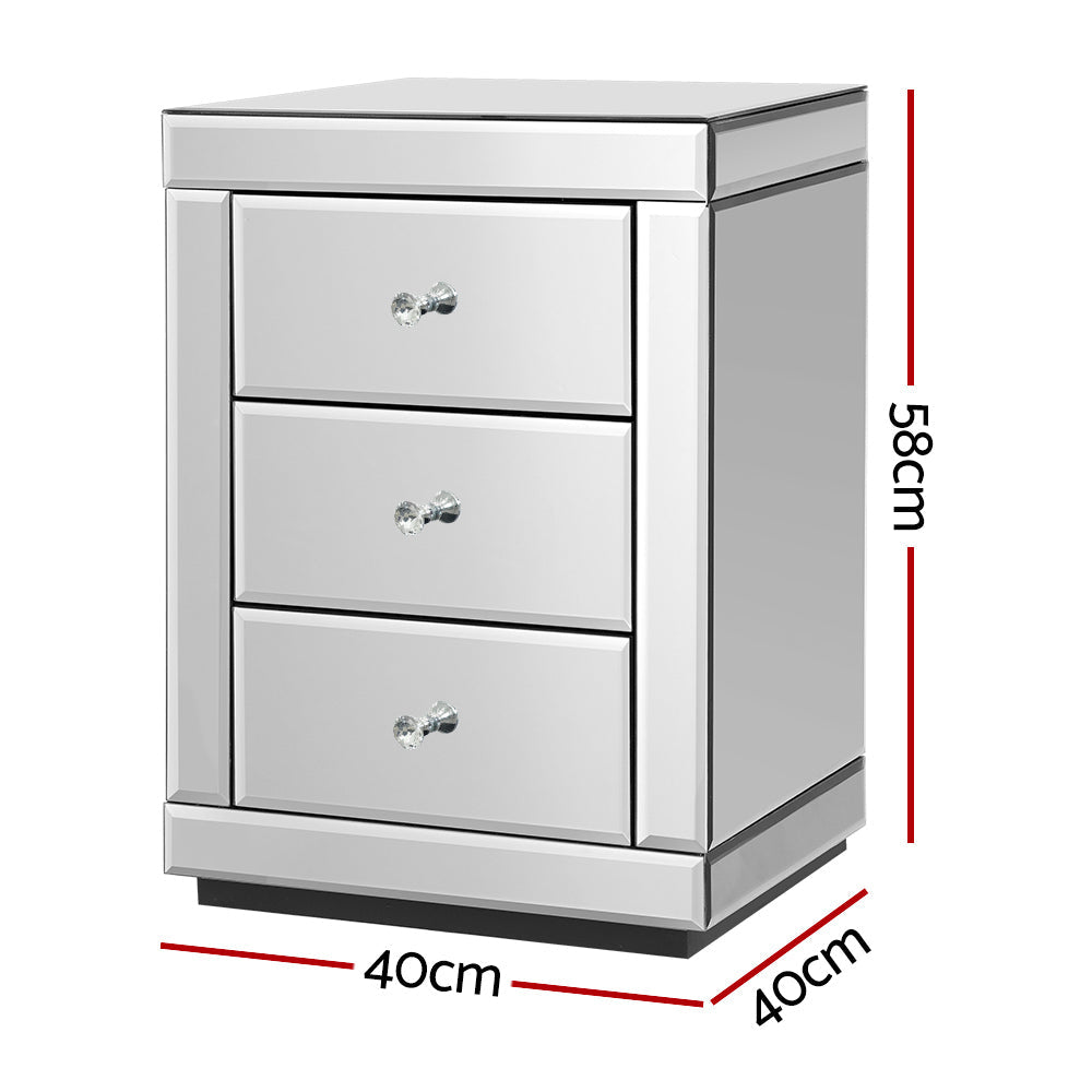 Artiss Bedside Table 3 Drawers Mirrored - PRESIA Silver Chez Guru