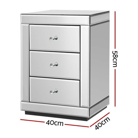 Artiss Bedside Table 3 Drawers Mirrored - PRESIA Silver Chez Guru