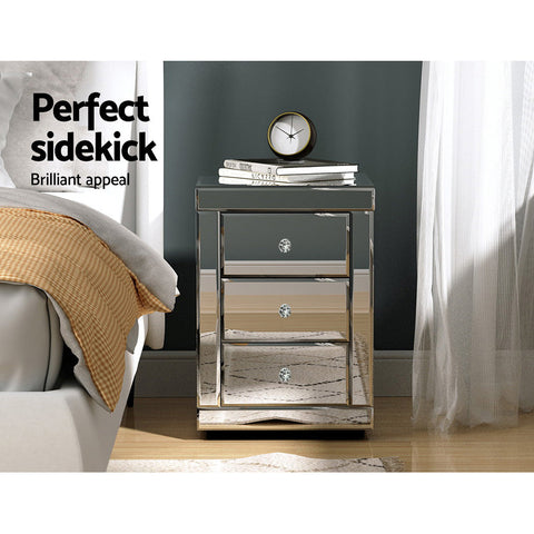 Artiss Bedside Table 3 Drawers Mirrored - PRESIA Silver Chez Guru