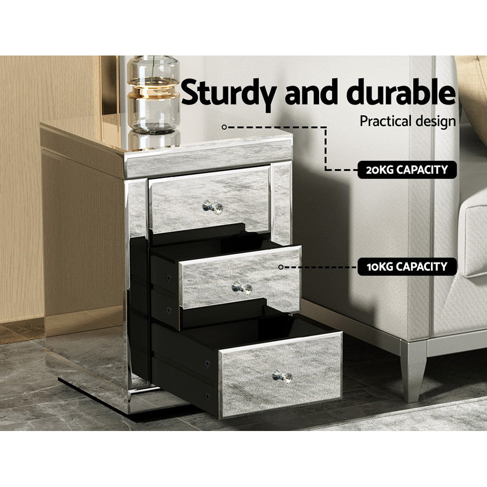 Artiss Bedside Table 3 Drawers Mirrored - PRESIA Silver Chez Guru
