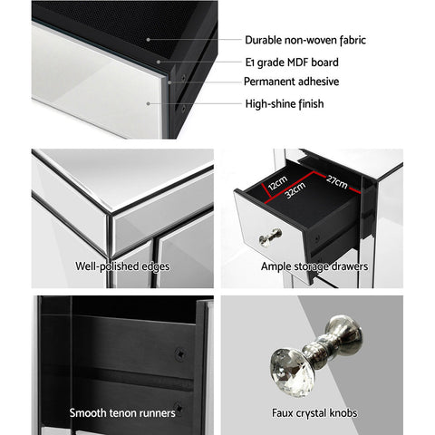 Artiss Bedside Table 3 Drawers Mirrored - PRESIA Silver Chez Guru