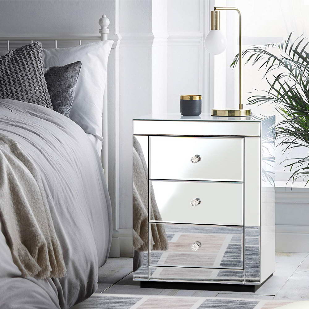 Artiss Bedside Table 3 Drawers Mirrored - PRESIA Silver Chez Guru