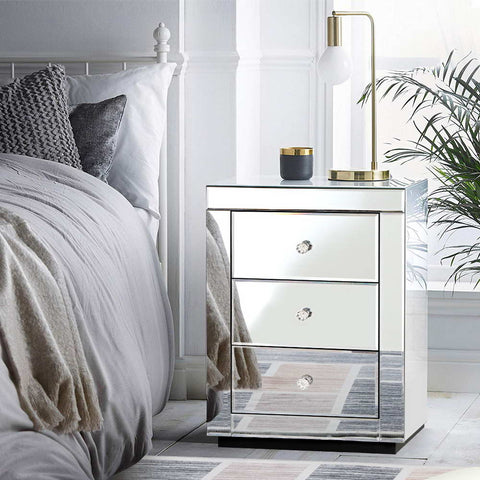 Artiss Bedside Table 3 Drawers Mirrored - PRESIA Silver Chez Guru