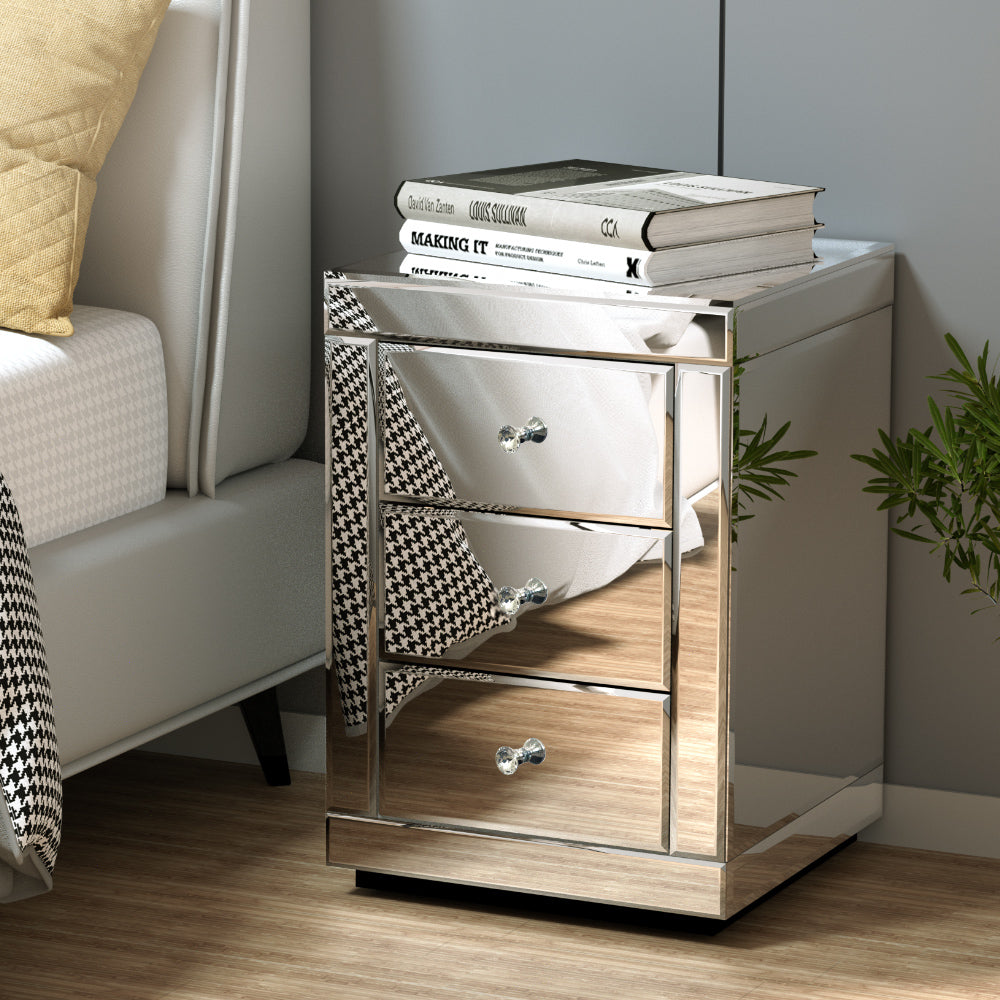 Artiss Bedside Table 3 Drawers Mirrored - PRESIA Silver Chez Guru