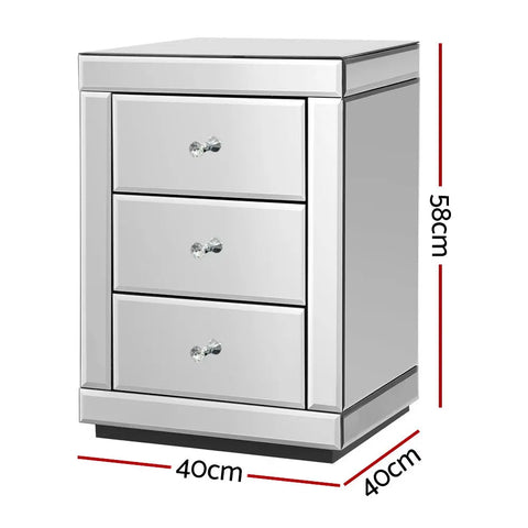 Artiss Set of 2 Bedside Table 3 Drawers Mirrored Glass - PRESIA Silver - Chez Guru