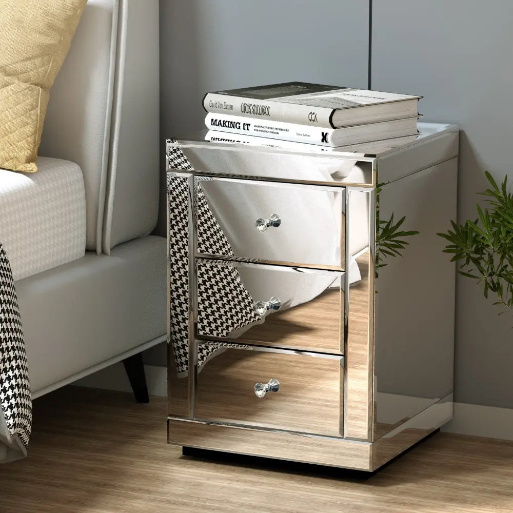 Artiss Set of 2 Bedside Table 3 Drawers Mirrored Glass - PRESIA Silver - Chez Guru