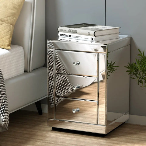 Artiss Set of 2 Bedside Table 3 Drawers Mirrored Glass - PRESIA Silver - Chez Guru