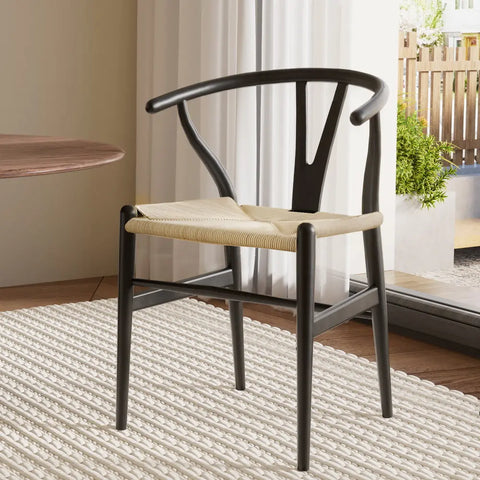 1x Artiss Dining Chair Wooden Rattan Wishbone Black Chez Guru