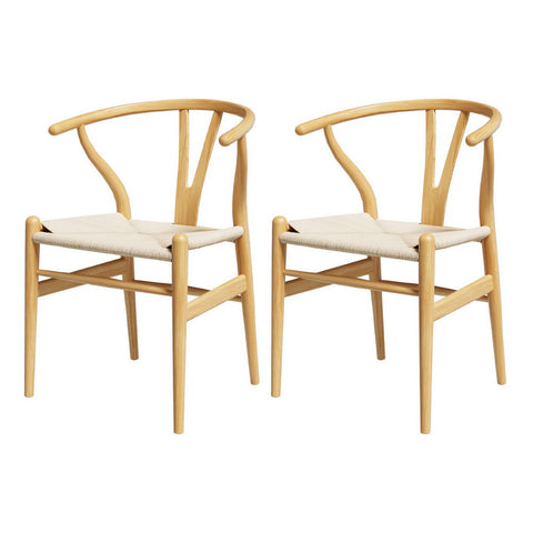 1 Set of 2 Artiss Dining Chairs Wooden Rattan Seat Wishbone Back Chez Guru