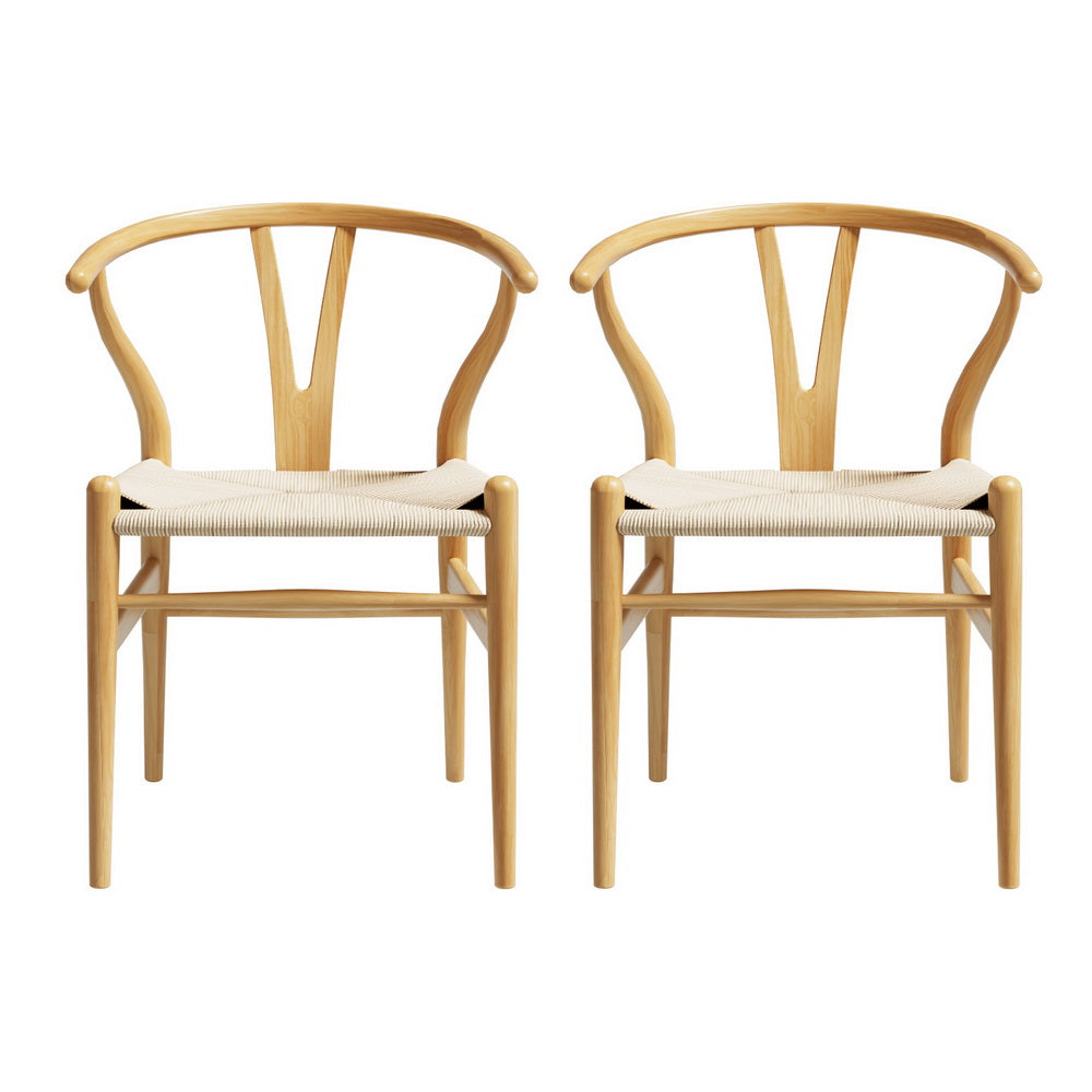 1 Set of 2 Artiss Dining Chairs Wooden Rattan Seat Wishbone Back Chez Guru